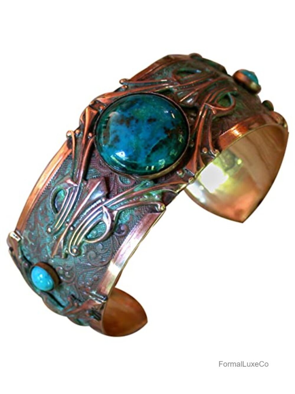 Solid Brass Art Deco Cuff Bracelet with Chrysocolla Stones Handmade